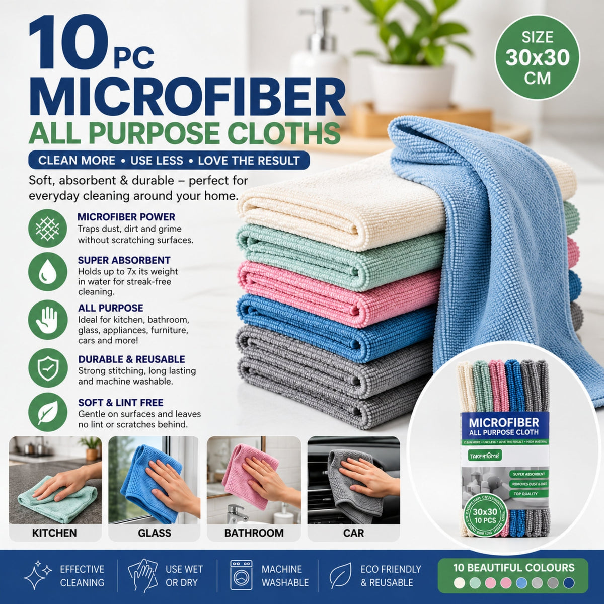 10-Piece Takmehome Microfibre All-Purpose Cleaning Cloth Set - Reusable Cleaning Cloths 30×30cm