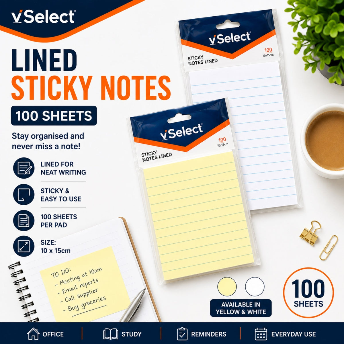 100 Piece 10x15cm Lined Sticky Notes – Self-Adhesive Memo Notes for Lists, Reminders & Planning