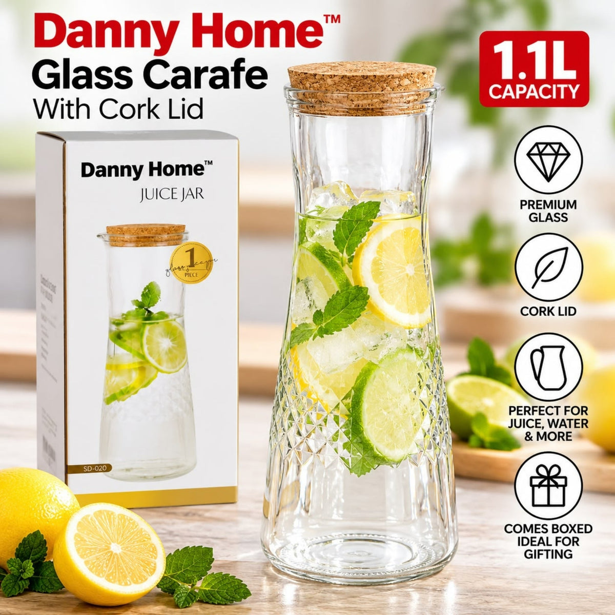 1.1L Danny Home Glass Carafe – Cork Lid Beverage Serving Bottle