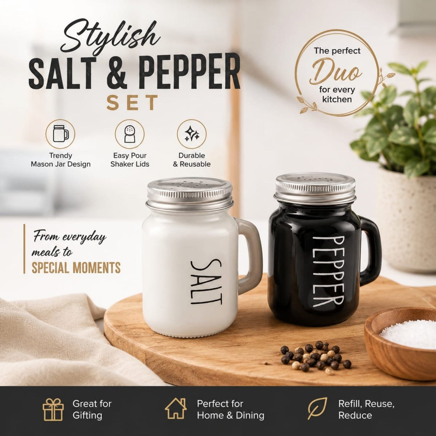 120ml Glass Salt & Pepper Shaker Set - Black And White