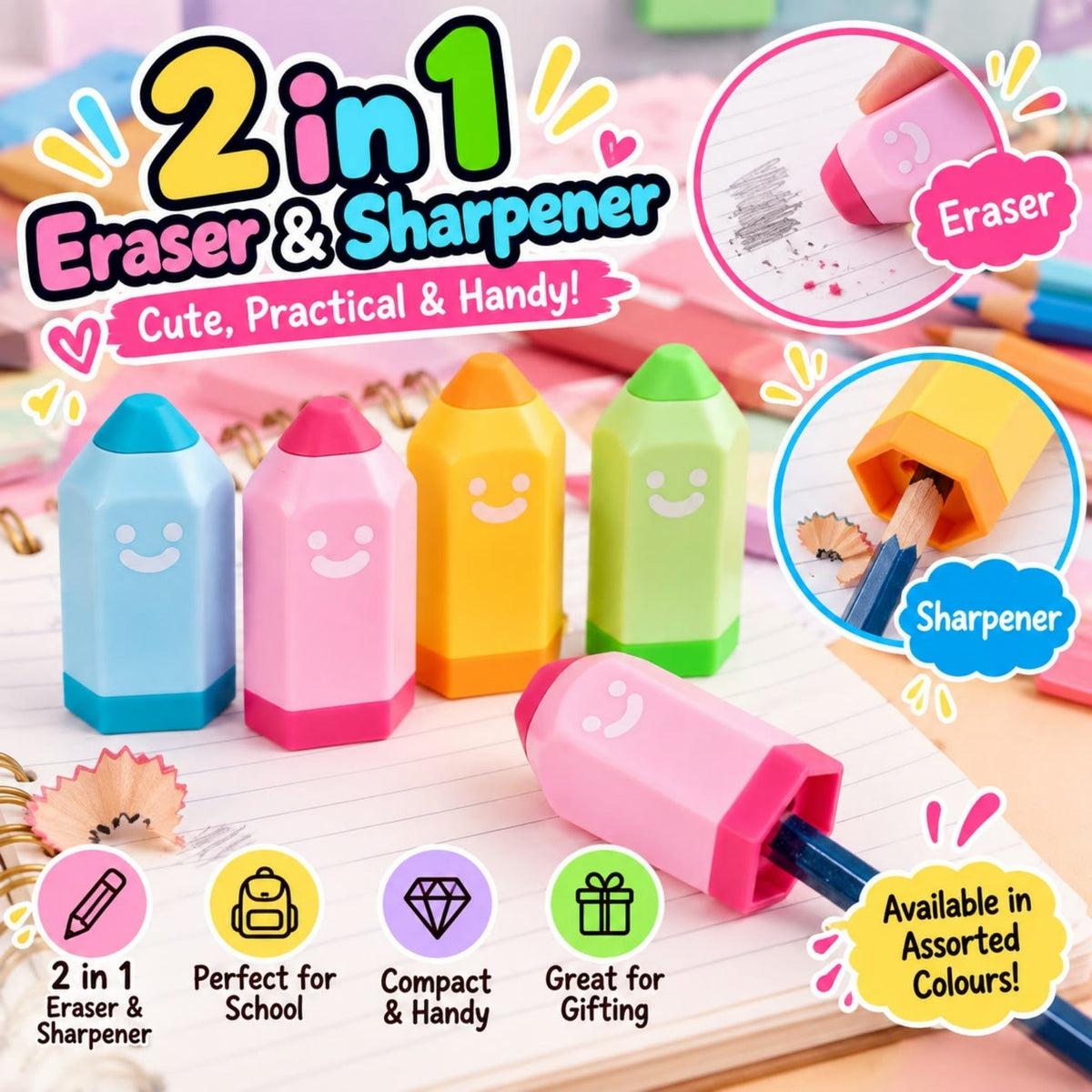 2 In 1 Sharpener & Eraser – Dual-Function Stationery Tool