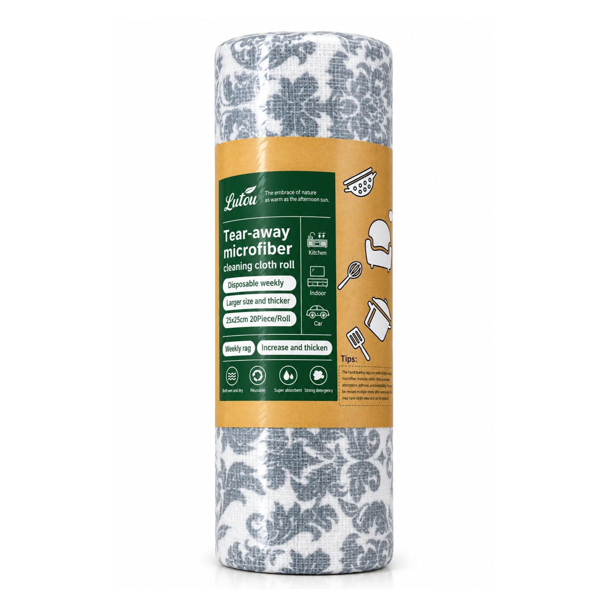 20 Piece Damask Microfiber Cleaning Cloth Roll – Tear-Away Disposable Weekly Cleaning Cloths – Multi-Purpose Design