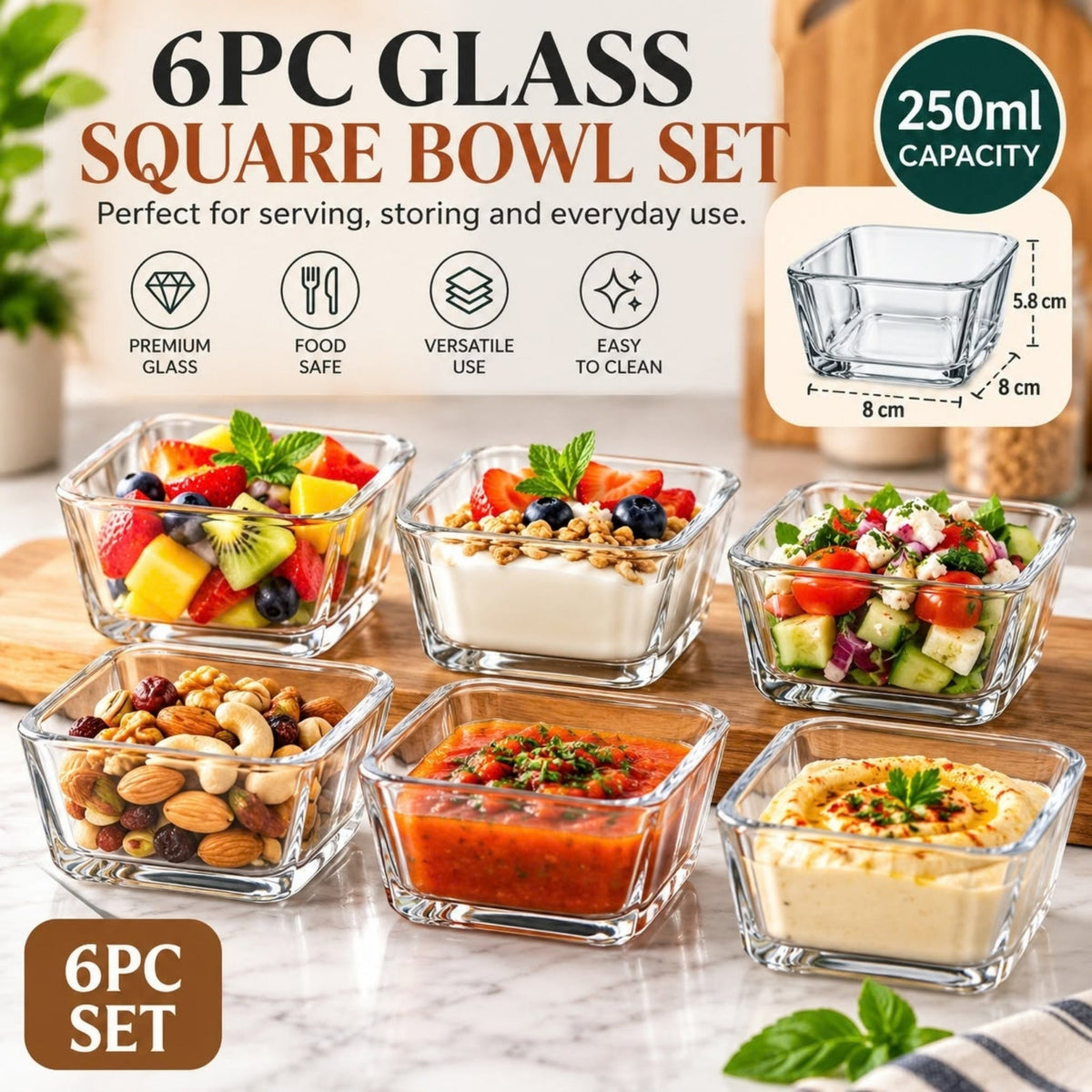 250ml 6 Piece Square Glass Bowl Set – Clear Serving Bowls for Snacks & Desserts