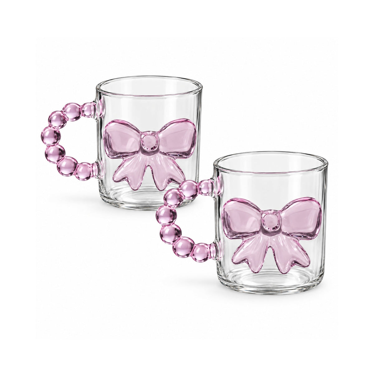 2pc Glass Mug Set – Decorative Bow Detail with Pearl-Style Handles
