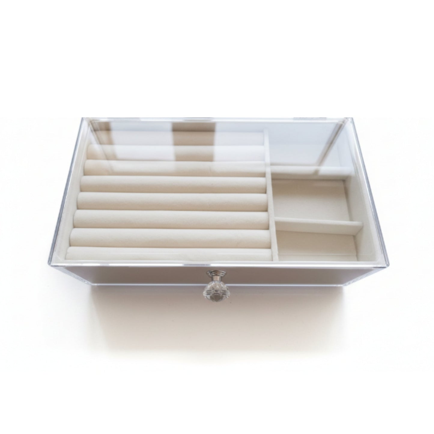 3 Drawer Beige Jewelry Box Organizer – Elegant Storage for Rings, Earrings & Accessories First Layer On White Background