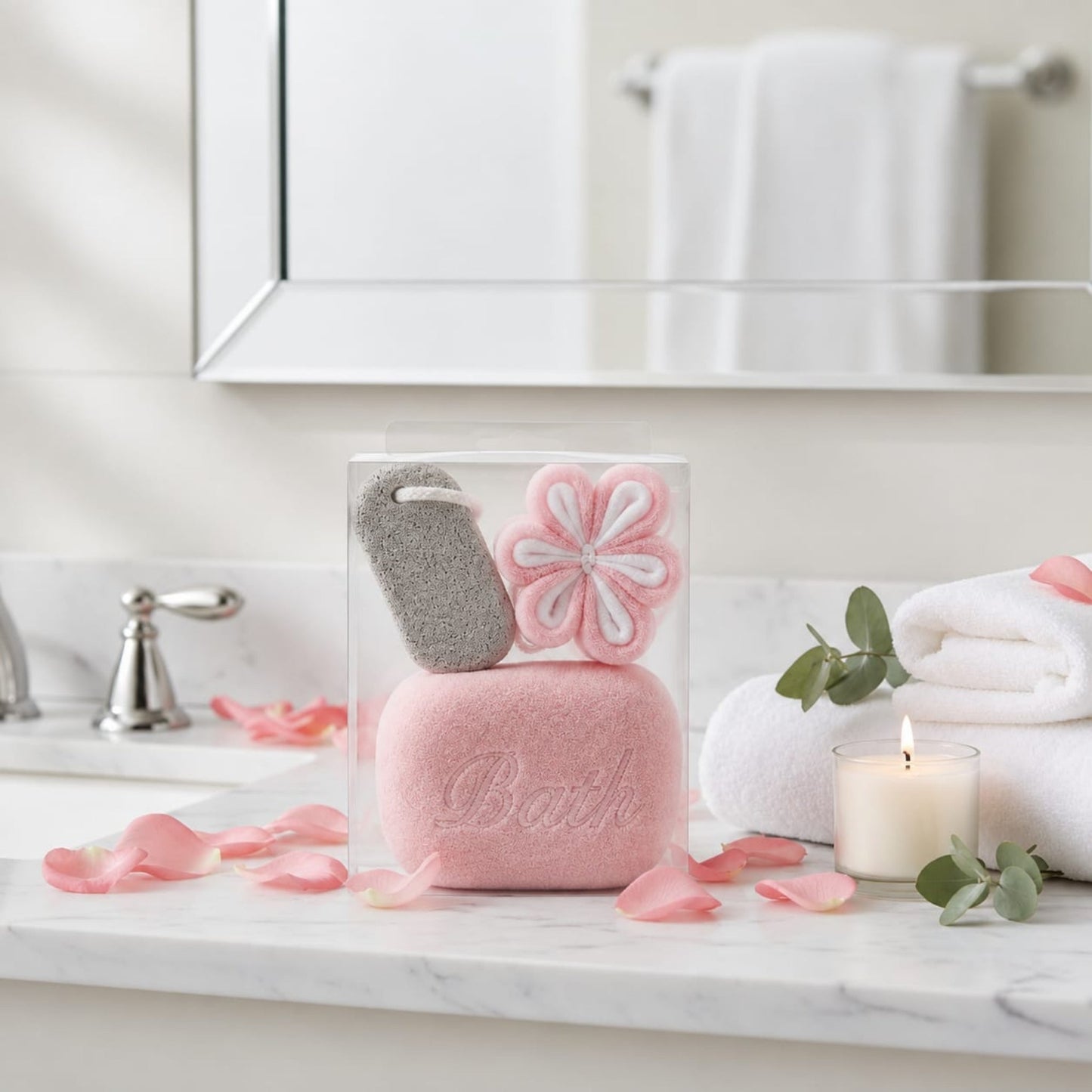 3 Piece Bath & Body Exfoliating Gift Set – Flower Loofah, Body Scrubber & Bath Sponge for Gentle Body Cleansing & Exfoliation