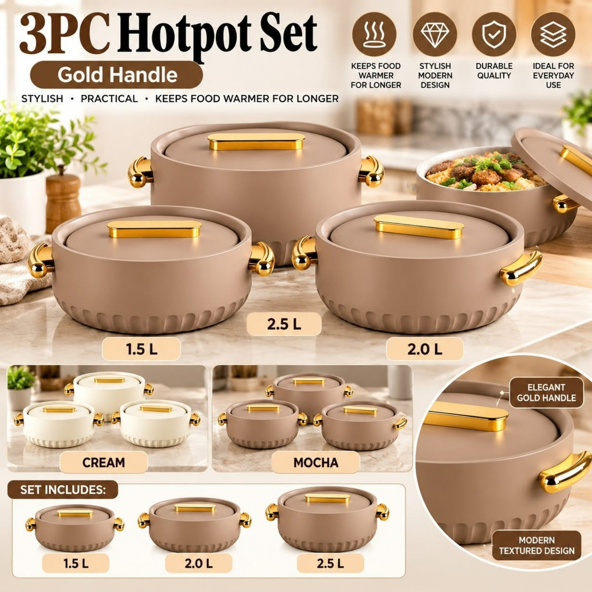 3 Piece Hot Pot Set – Insulated Food Warmers with Gold Handles – Elegant Serving Design