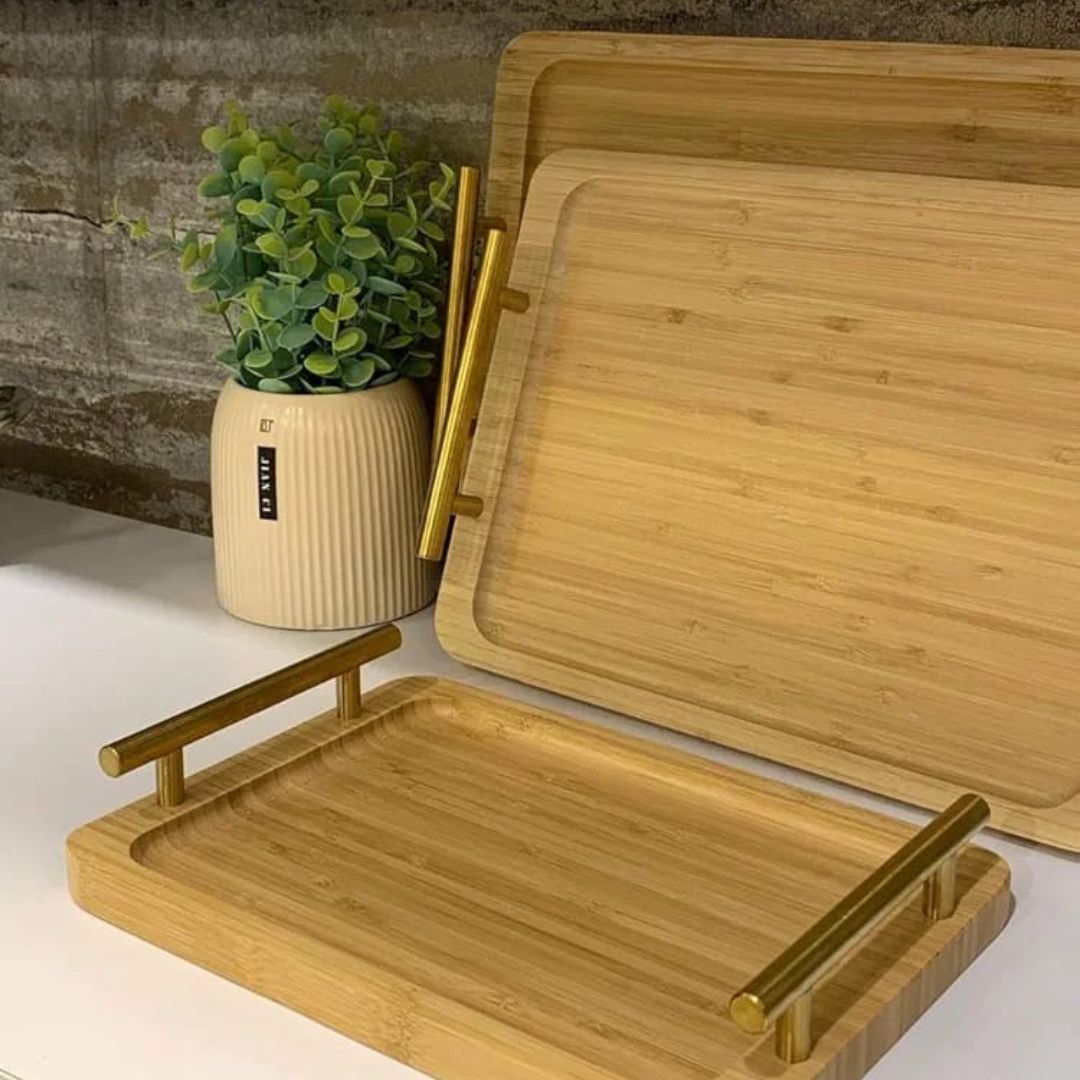 3pc Bamboo Tray With Gold Handle