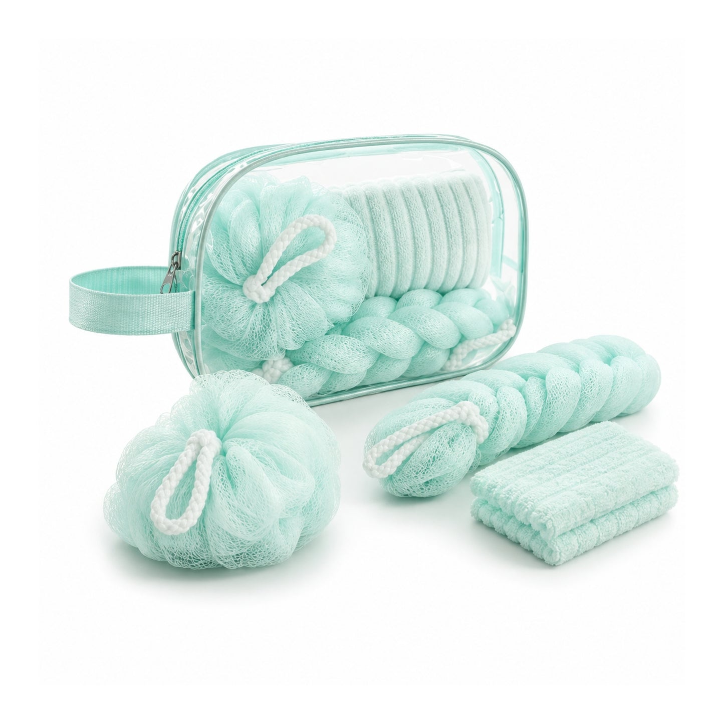 3 Piece Bath Set with Travel Bag – Microfiber Face Cloth, Ball Loofah & Long Loofah for Bathing, Body Cleansing & Exfoliation Blue On White Background