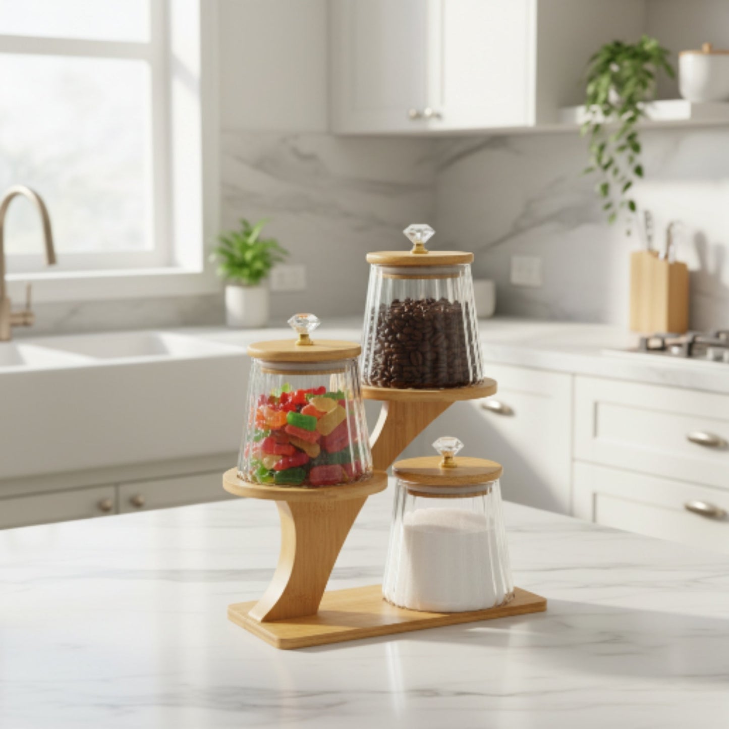 3pc Glass Jar Set on Stand 760ml – Kitchen Storage Jars with Lid for Sugar, Coffee & Snacks