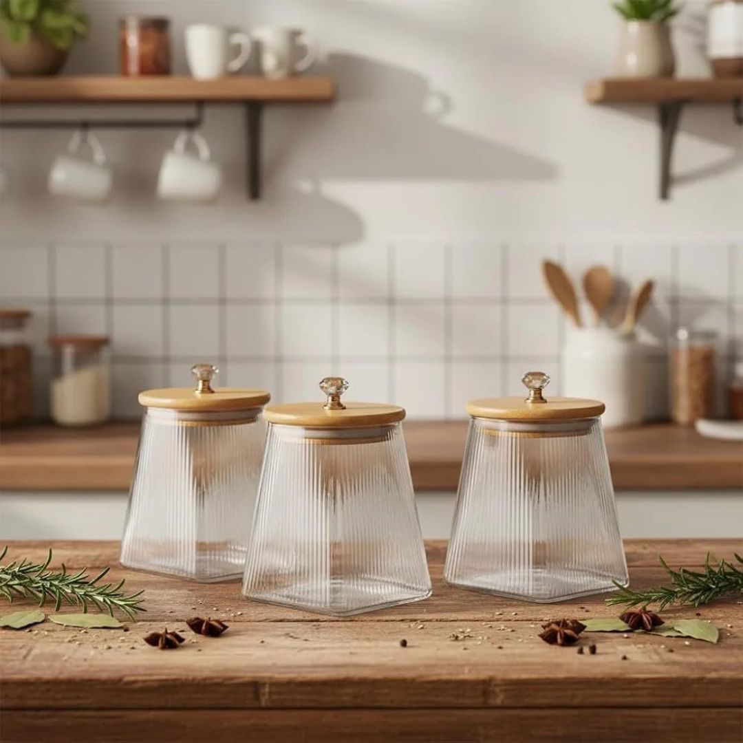 3pc Glass Square Jars With Bamboo Lid 750ml