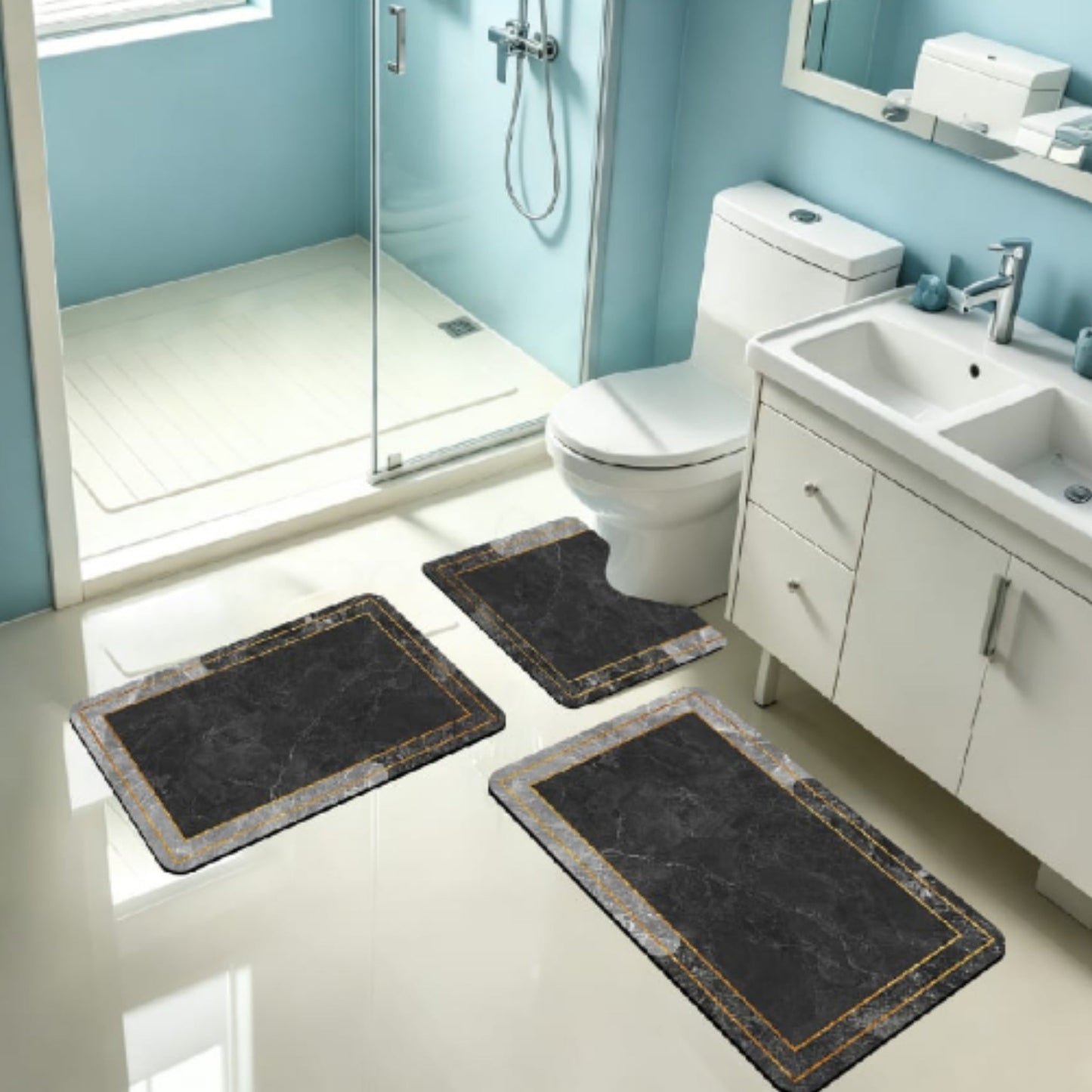 3pc Rubber Bathroom Mat - Black Marble Border