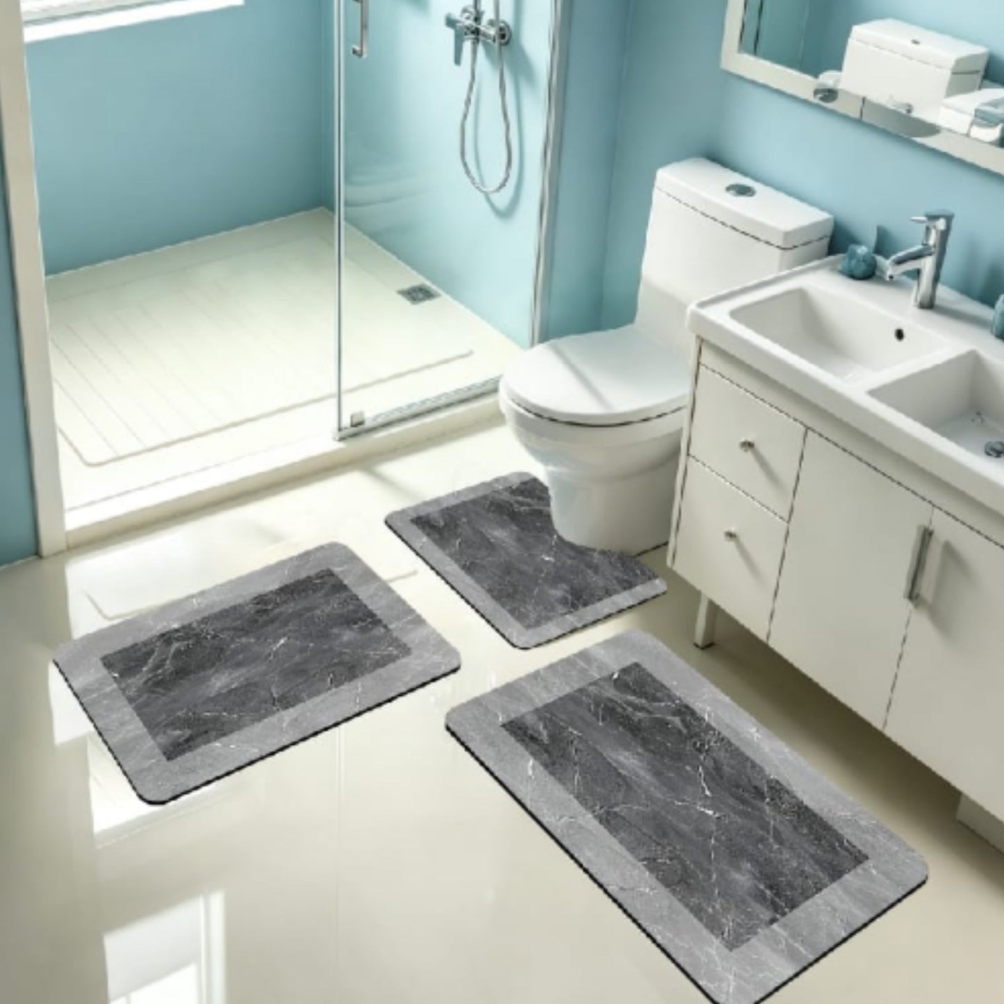 3pc Rubber Bathroom Mat - Grey Marble Border