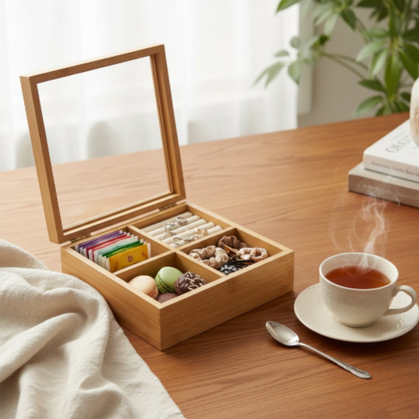 4-Compartment Wooden Storage Box with Flip Lid – Multi-Section Organiser for Jewellery, Accessories, Teabags & Snacks