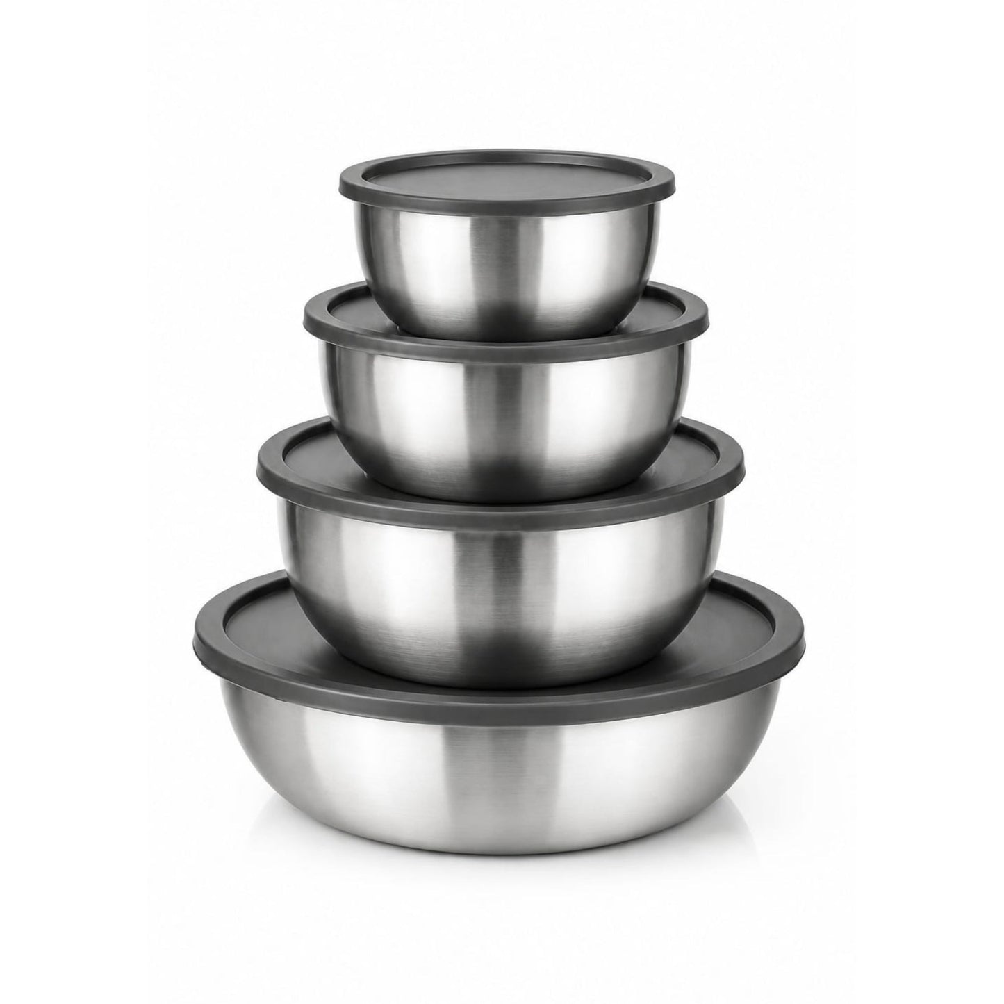4-Piece Round Stainless Steel Mixing Bowl Set with Airtight Grey Lids – Nesting Food Storage Bowls - Silver