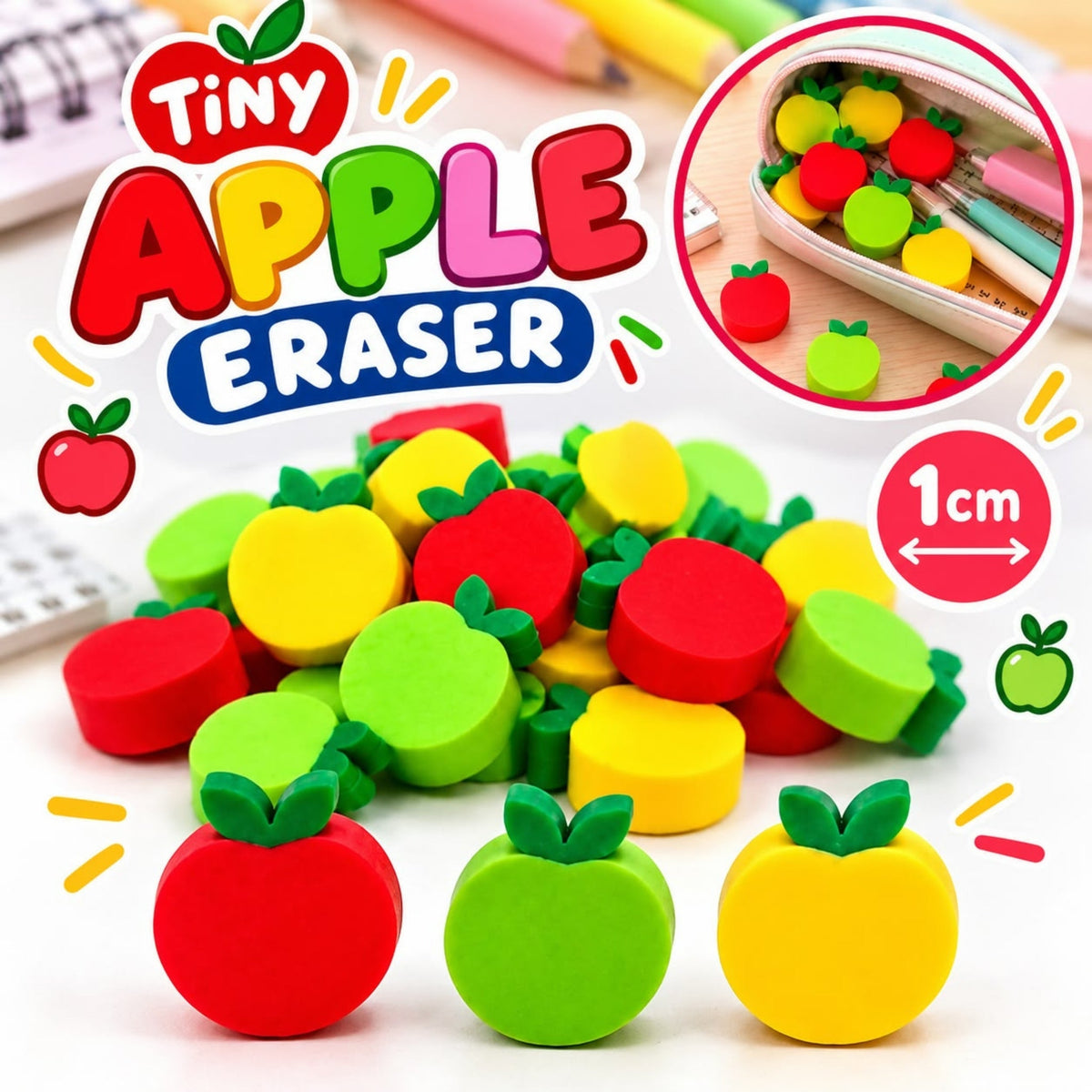 4 Piece Tiny Apple Eraser Set – Mini Novelty Pencil Erasers – Apple Design