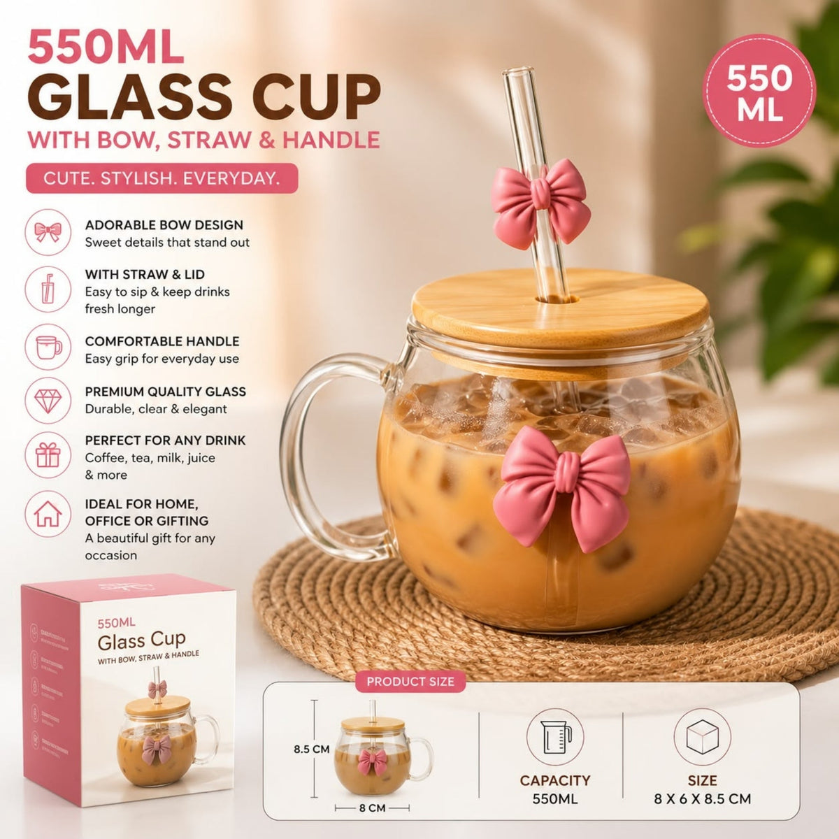 550ml Round Bow Glass Cup With Straw & Handle -Decorative Bow Design