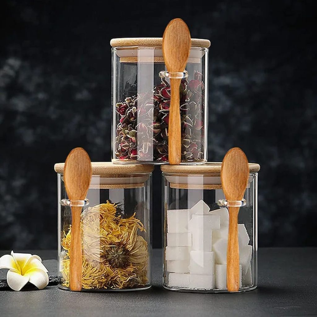 Bamboo Lid Glass Jar with Spoon 8.5x12cm