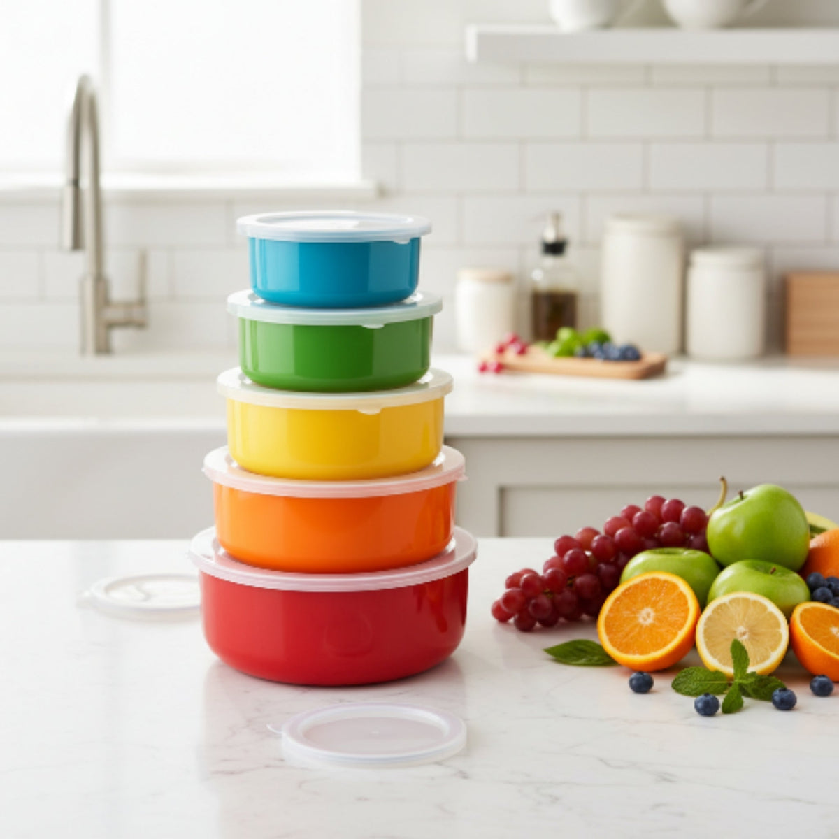 5pc Stainless Steel Rainbow Bowl Set – Nesting Food Storage Bowls with Clear Plastic Lids
