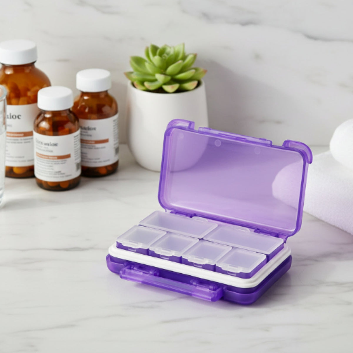 6-Grid Weekly Pill Organizer Medicine Box – Portable Tablet Storage Case – Purple