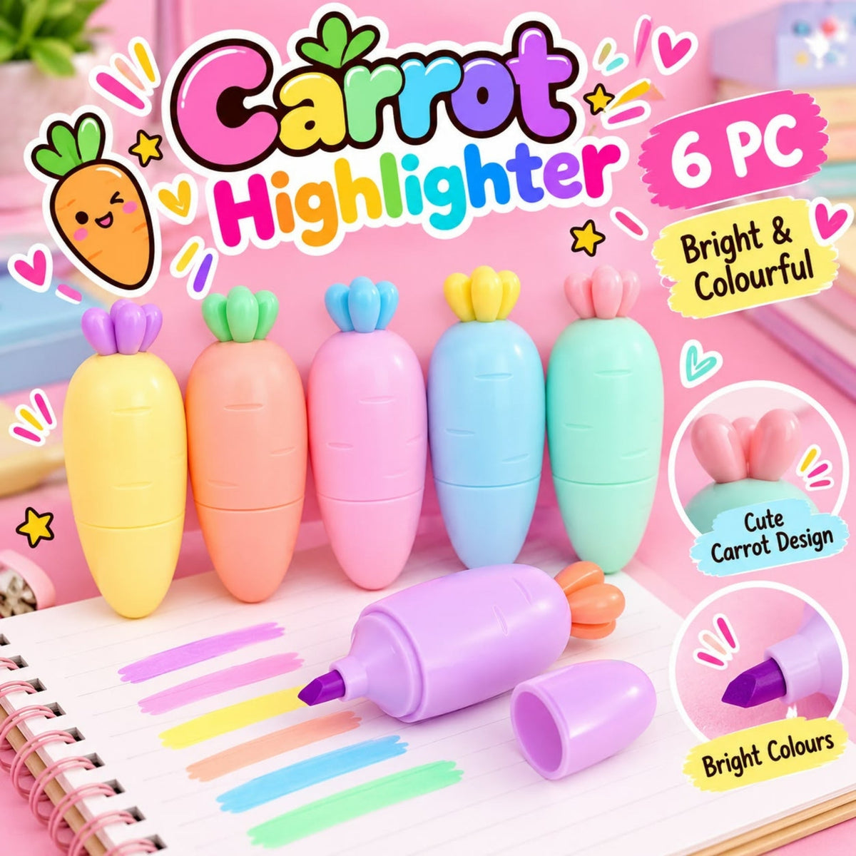 6 Piece Carrot Highlighter Set – Bright Fluorescent Marker Pens – Cute Carrot Design