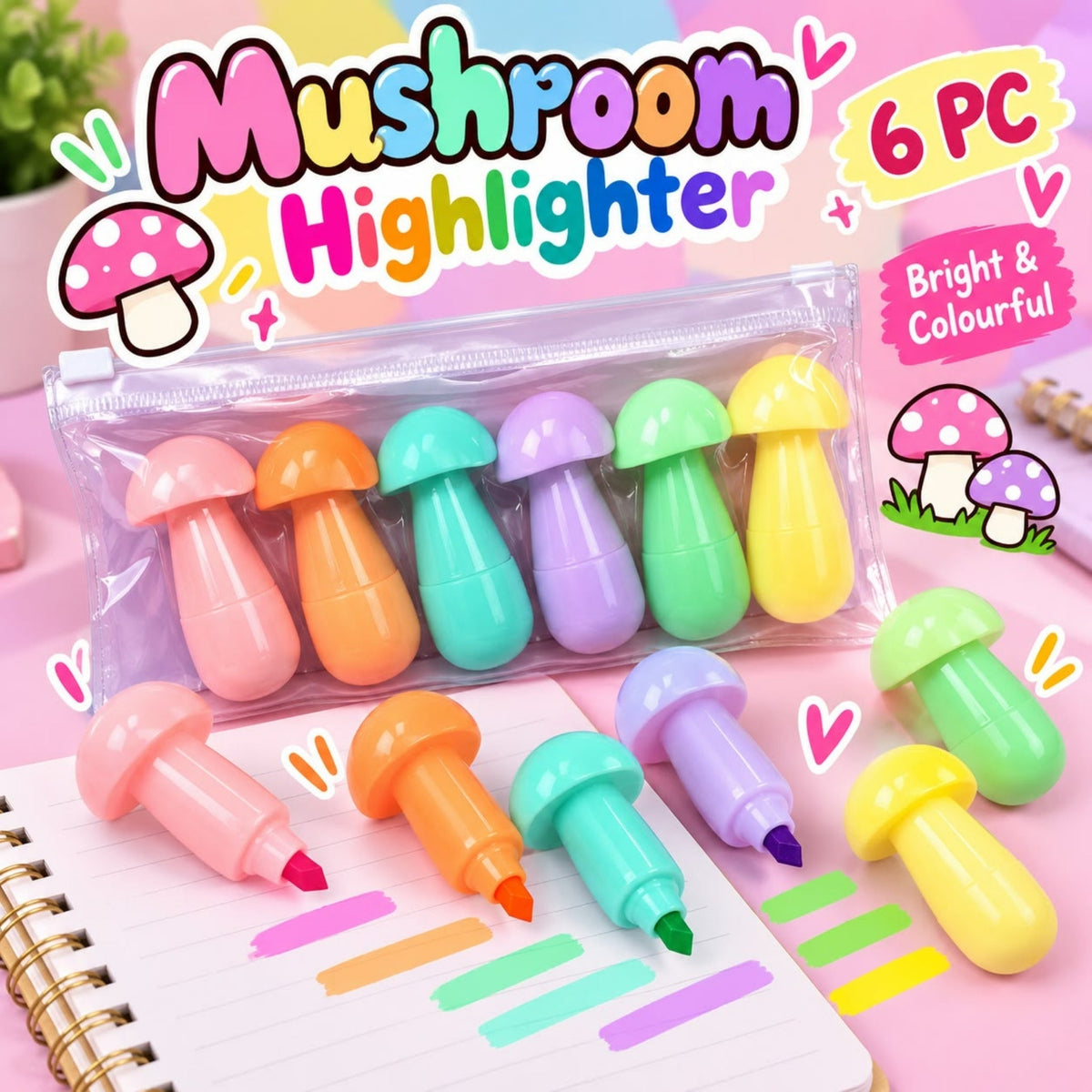 6 Piece Mushroom Highlighter Set – Bright Fluorescent Marker Pens – Cute Mushroom Design