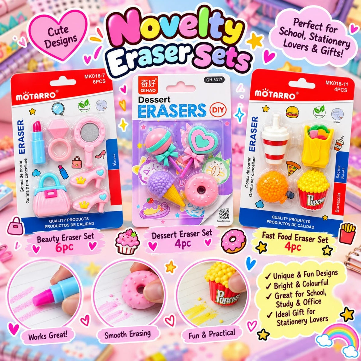 6 Piece Novelty Eraser Set – Cute Stationery Erasers for School & Pencil Cases