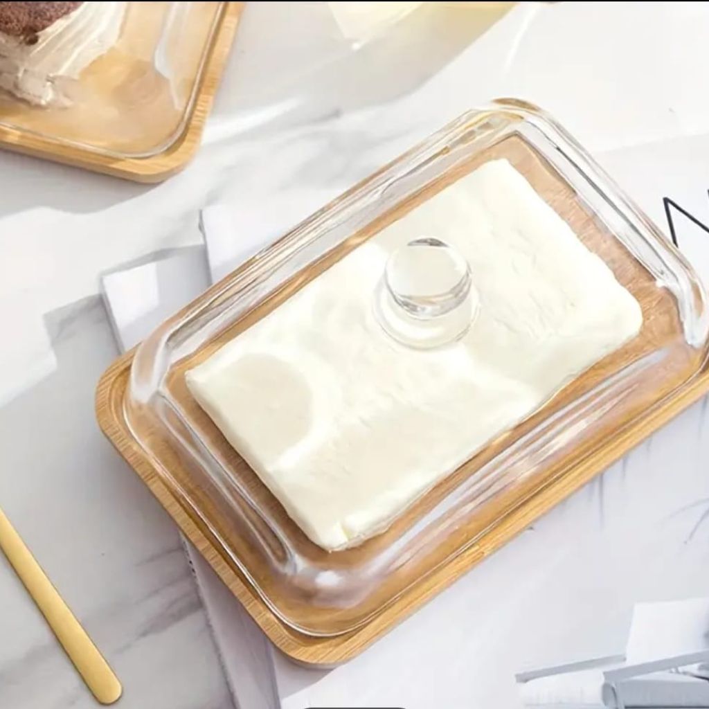 Glass Butter Dish With Wooden Base