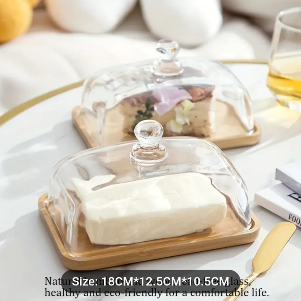 Glass Butter Dish With Wooden Base
