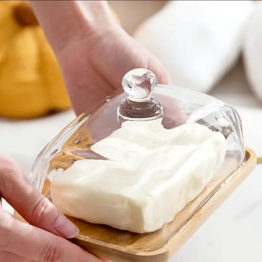 Glass Butter Dish With Wooden Base