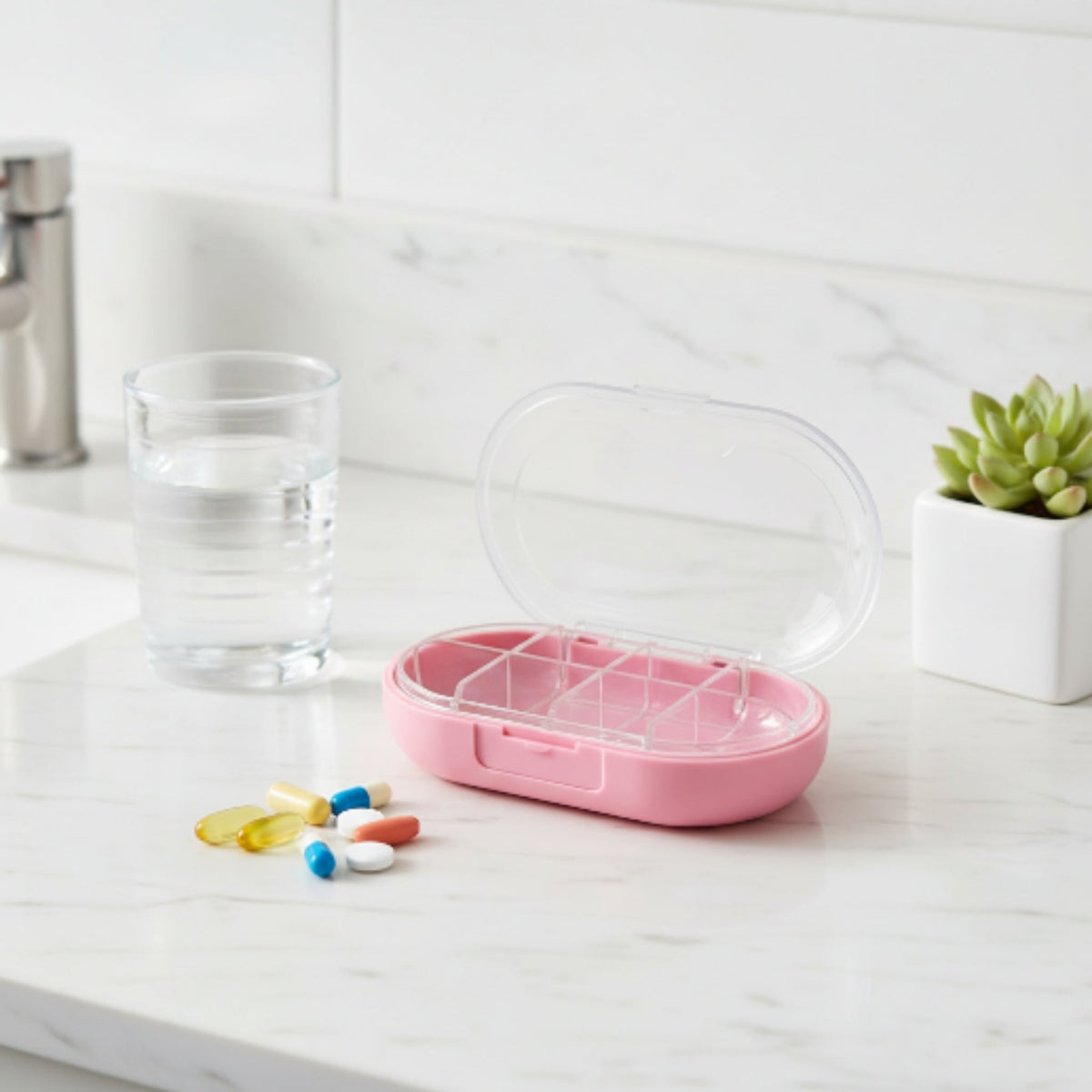 8-Grid Weekly Pill Organizer Medicine Box – Portable Tablet Storage Case – Pink