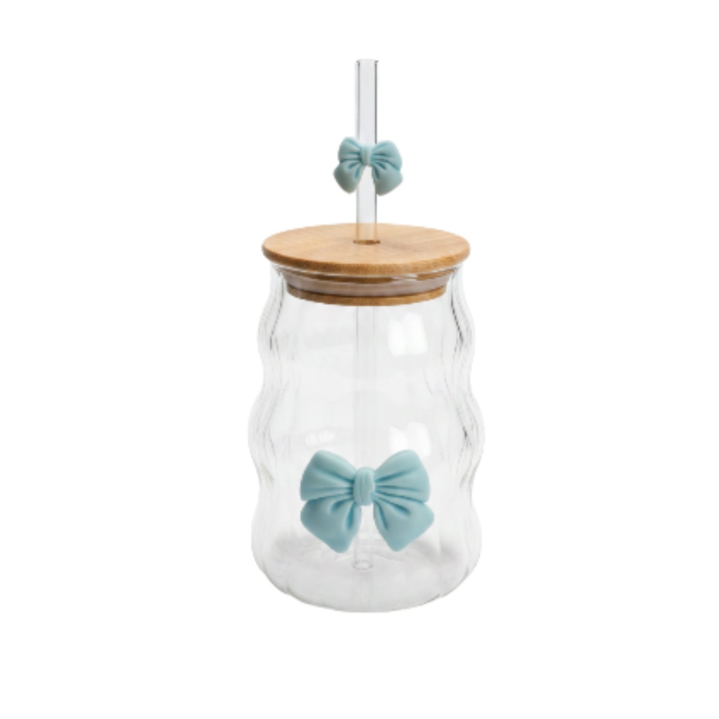 Ribbed Bamboo Lid Glass Can With Bow & Straw - Large 480ml