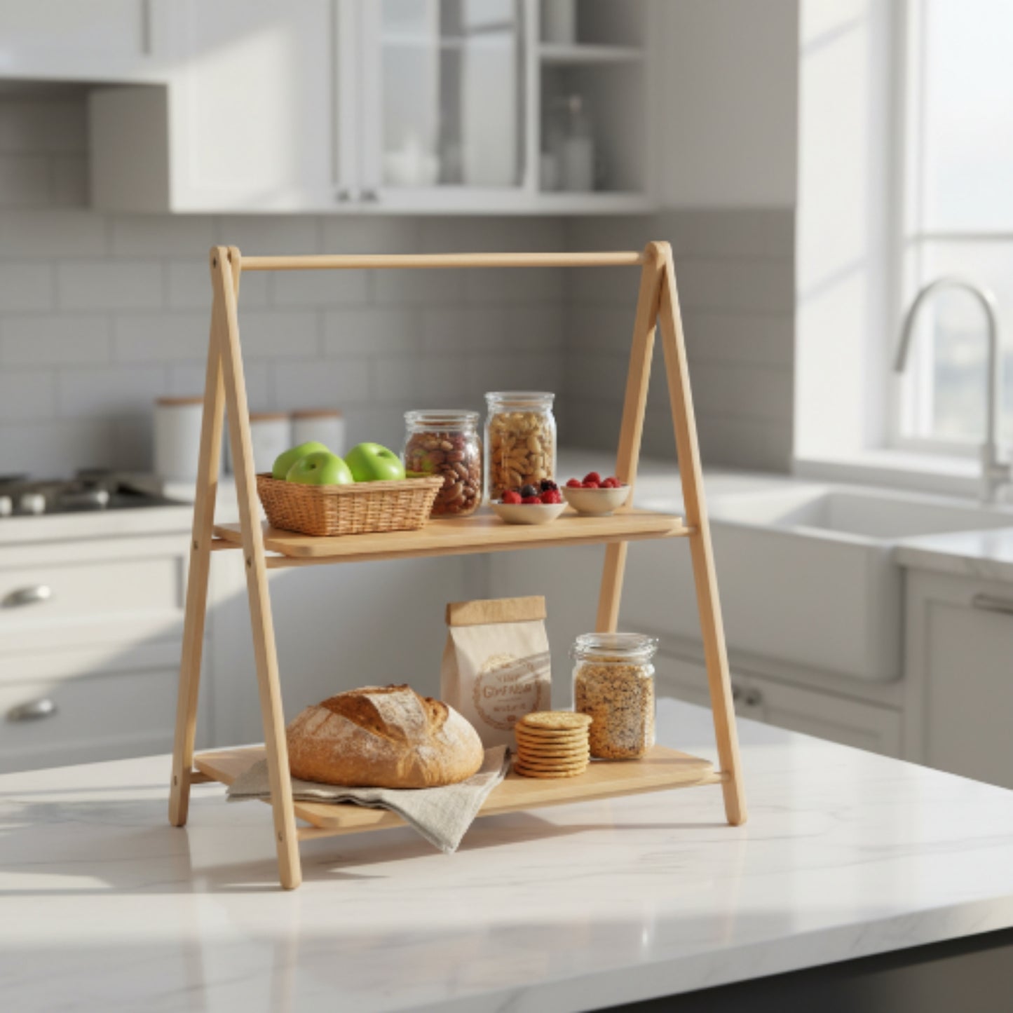 Takmehome 2-Tier Bamboo Snack Rack – Kitchen Countertop Food Storage & Organizer Stand