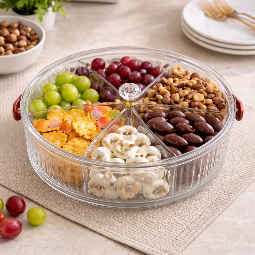 Acrylic Round Platter With 5 Division And Handle