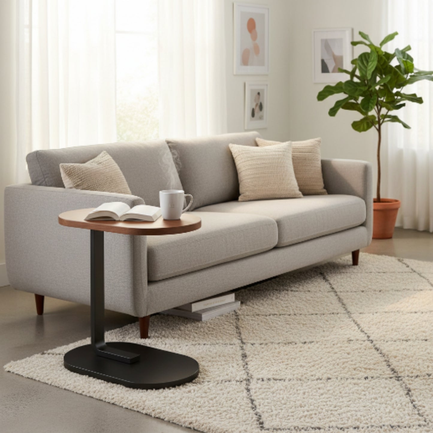 C-Shaped Side Table – Wooden Sofa End Table for Living Room & Bedroom – Brown Lifestyle