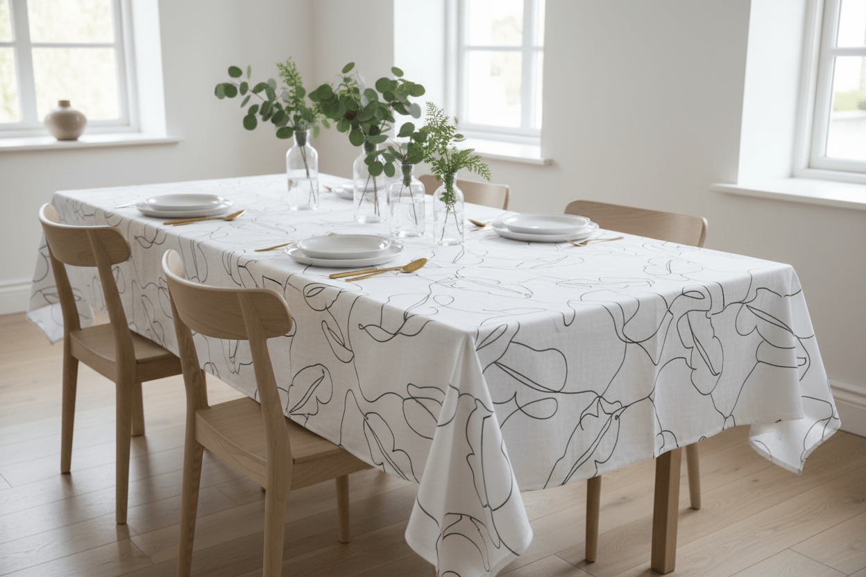 Chainstore White With Black Leaves Linen Table Cloth 1.3m x 2.3m