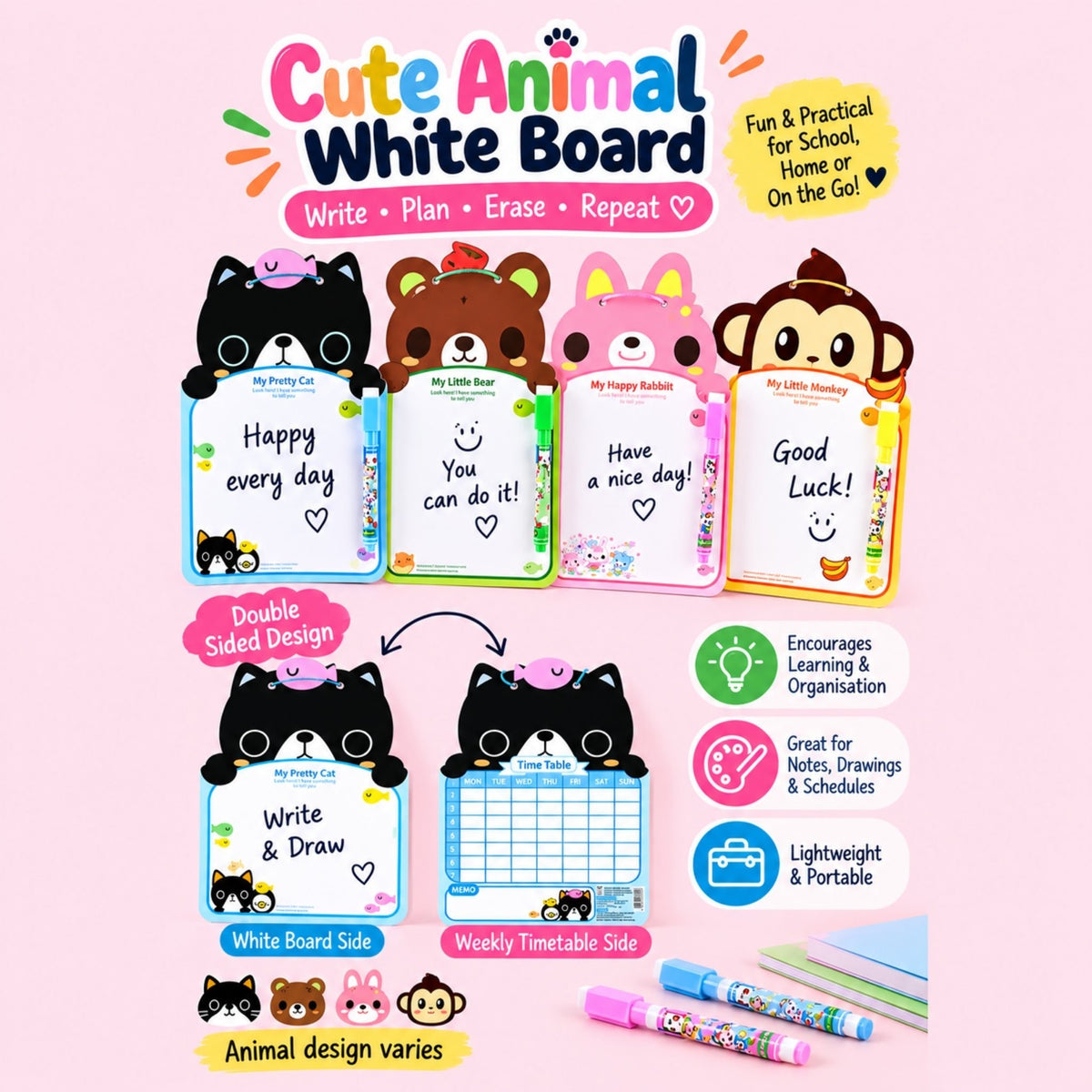 Cute Animal Whiteboard & Marker Set – Double-Sided Writing Board with Weekly Timetable