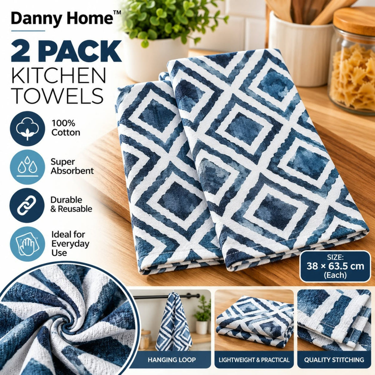 Danny Home 2 Piece Cotton Kitchen Towels - Blue & White Geometric Design