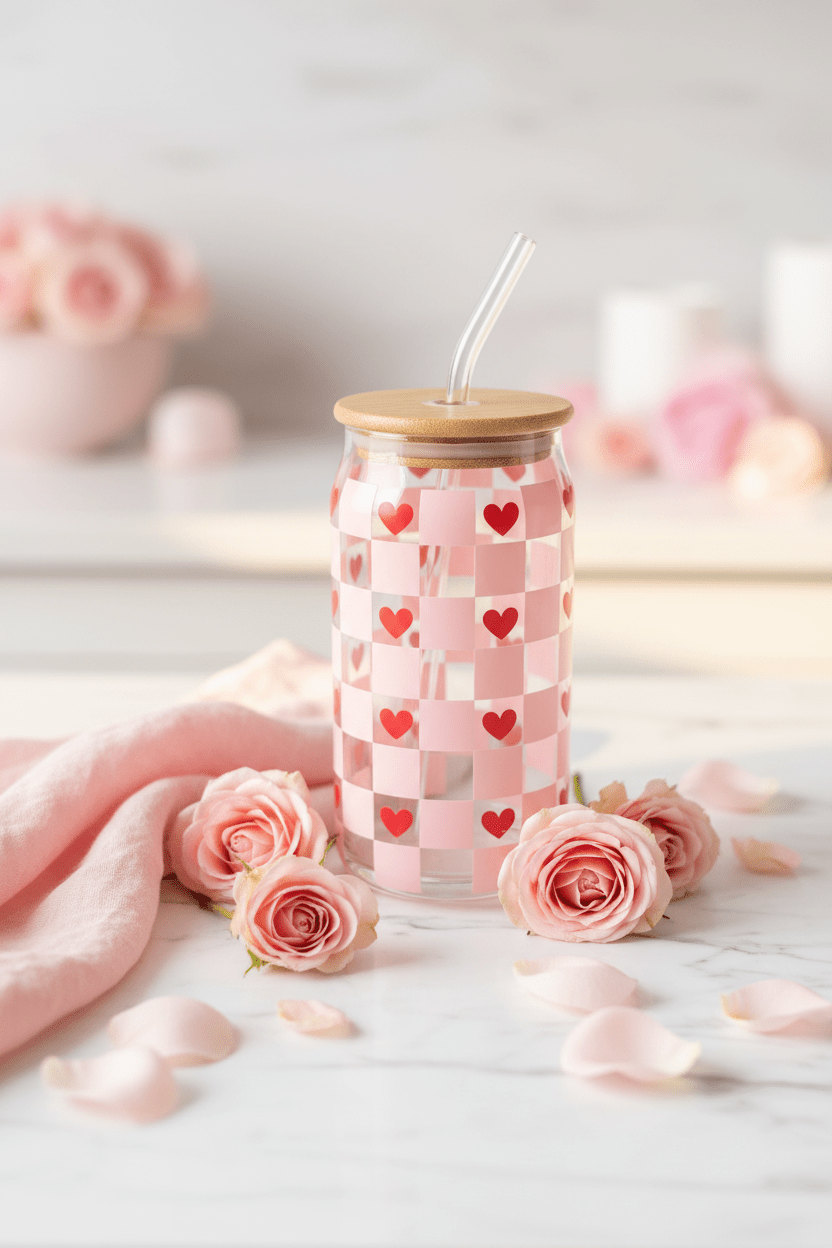 Danny Home 2pc Printed Bamboo Glass Can With Straw 500ml - Heart