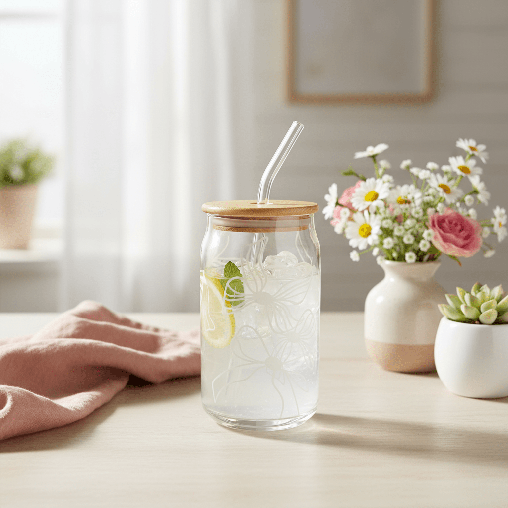 Danny Home 2pc Printed Bamboo Glass Can With Straw 500ml - White Bow