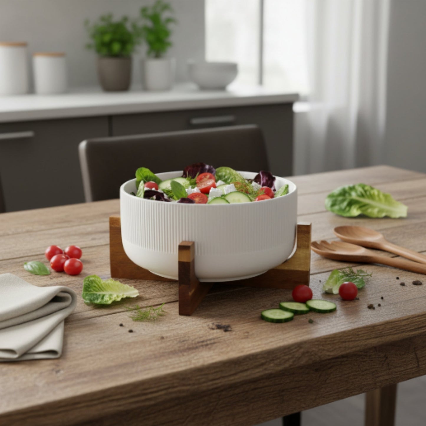 Danny Home Salad Bowl with Wooden Stand – Elegant Serving Bowl Set