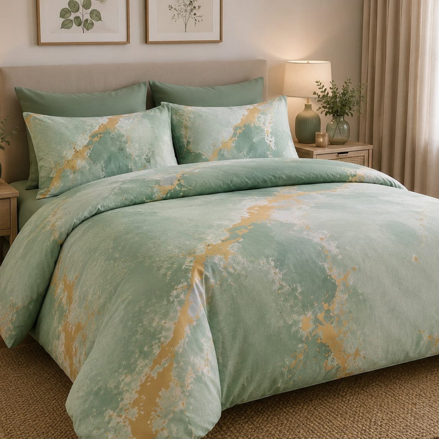 Double Duvet Cover Set - 100% Cotton - Abstract - Green & Gold
