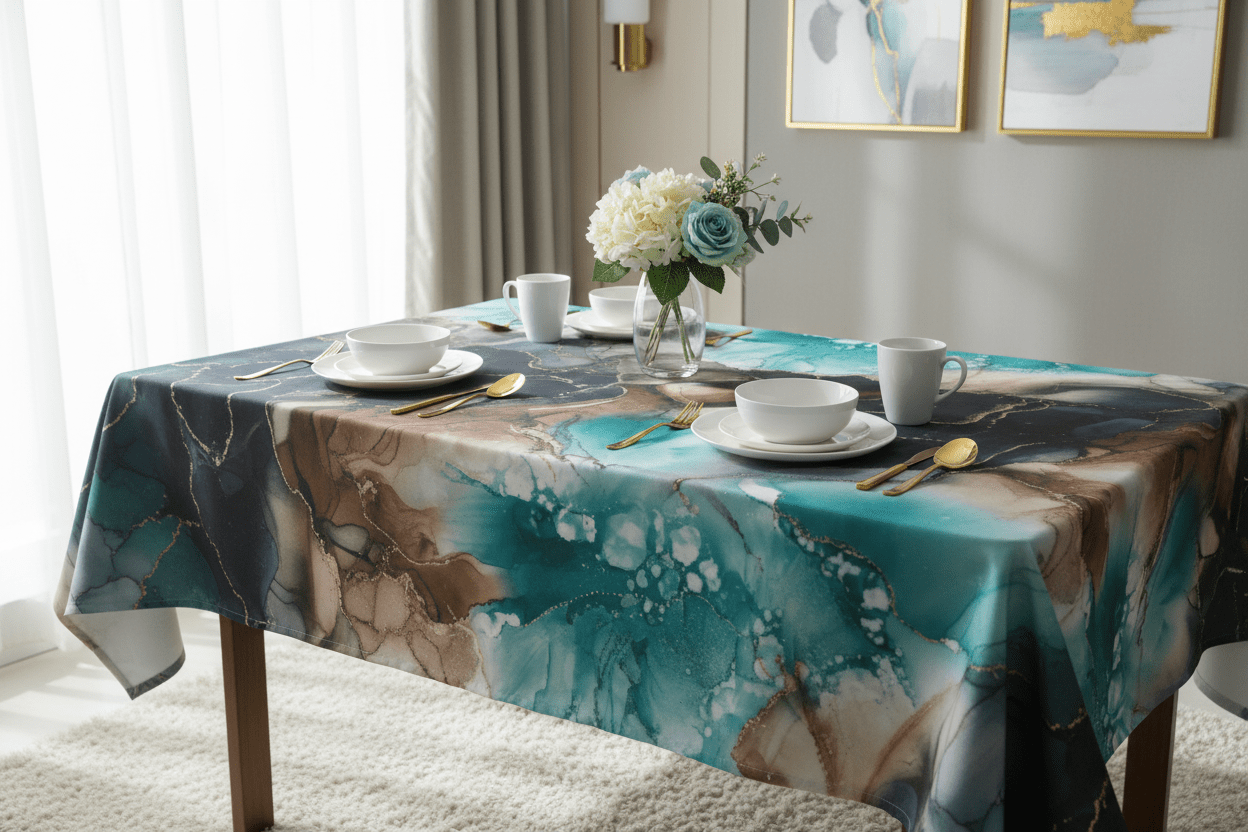 Duchess Satin Table Cloth 2.5M - Blue/Navy Marble