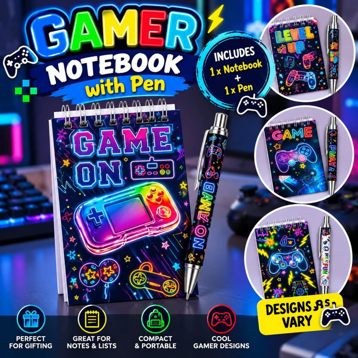 Gamer Notebook with Pen Set in Assorted Gaming Designs with 6 × 10cm Notebook and 13.5cm Pen