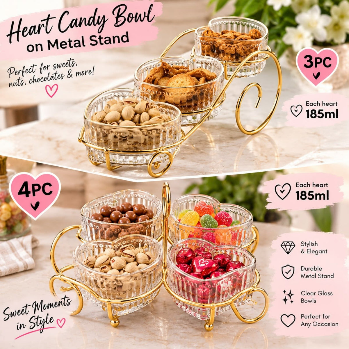 Heart Candy Bowls on Metal Stand – Decorative Serving & Snack Bowl Set