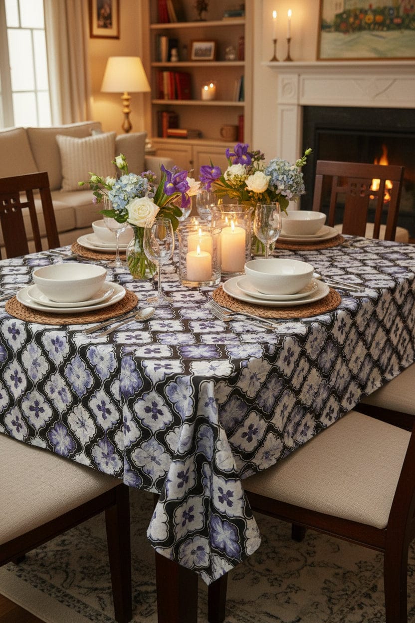 Mini Matt Table Cloth 2.5M Blue /Black Flowers