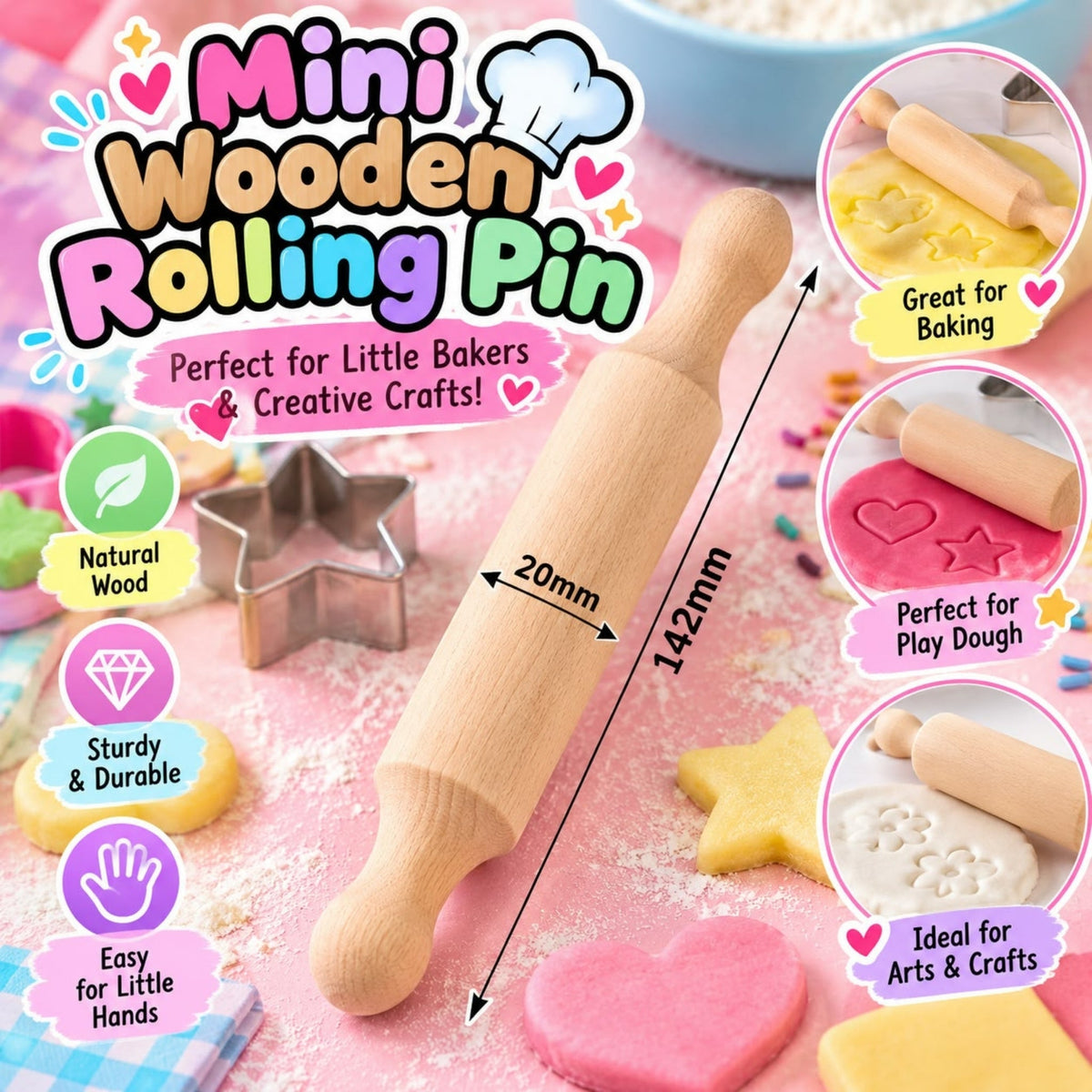 Mini Wooden Rolling Pin – Compact Baking & Dough Rolling Tool – Natural Wood Design