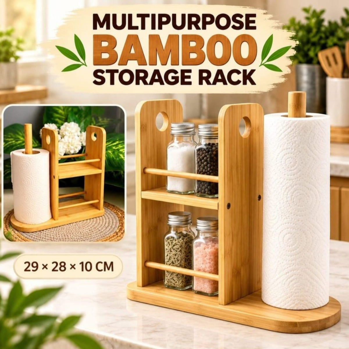 Multipurpose Bamboo Storage Rack With Paper Towel Holder