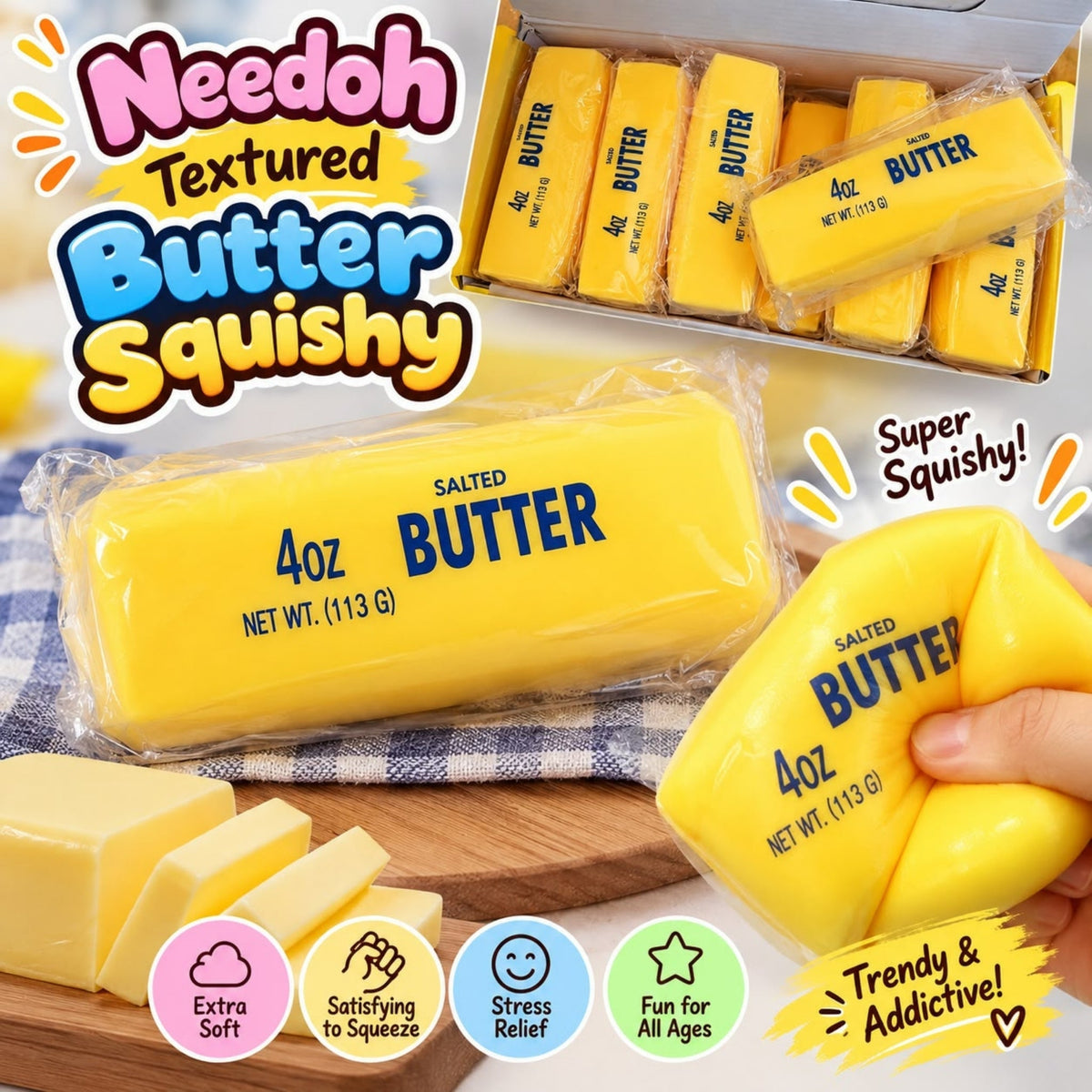 Needoh Textured Butter Squishy – Soft Textured Squeeze Stress Relief Fidget Toy – Butter Design