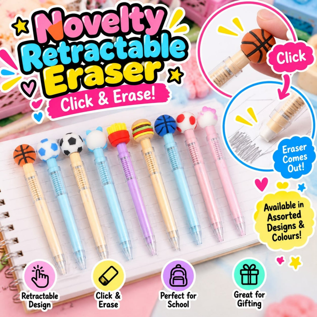Novelty Retractable Eraser – Click-to-Extend Stationery Eraser – Fun Compact Design